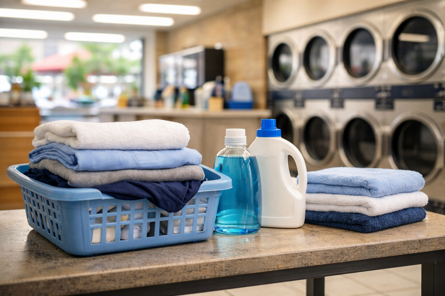 Neatly folded laundry and detergent on a folding table inside a professional wash and fold laundry facility