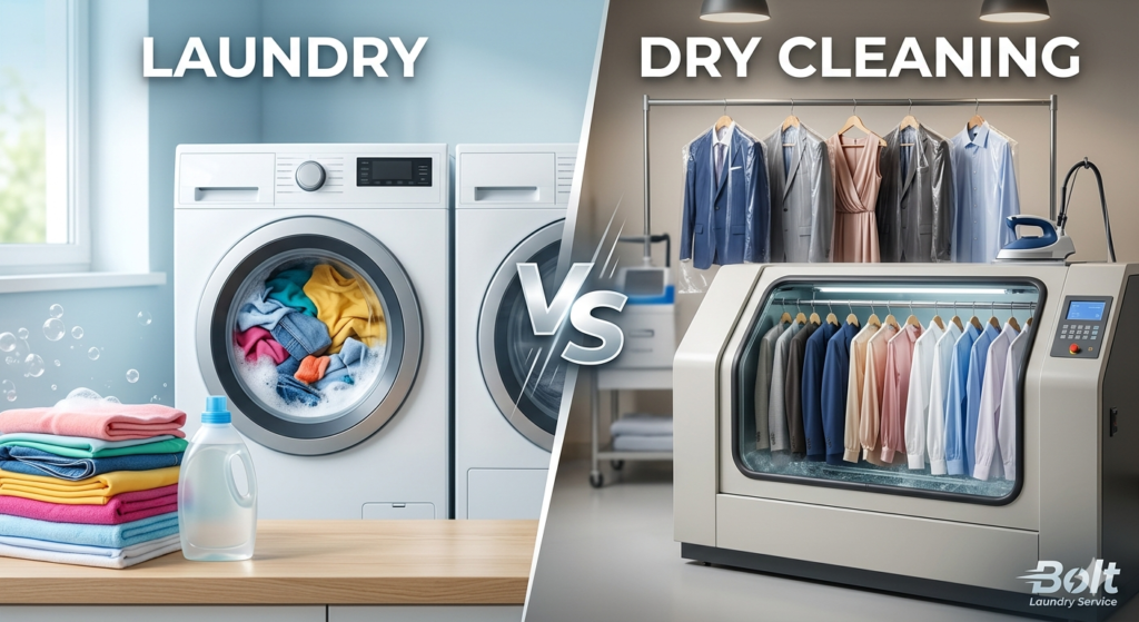 Visual comparison of professional dry cleaning vs laundry processes for Bolt Laundry Service.