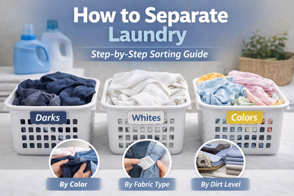 Laundry sorting guide showing separate baskets for darks, whites, and colors with tips for separating laundry by color, fabric type, and dirt level.