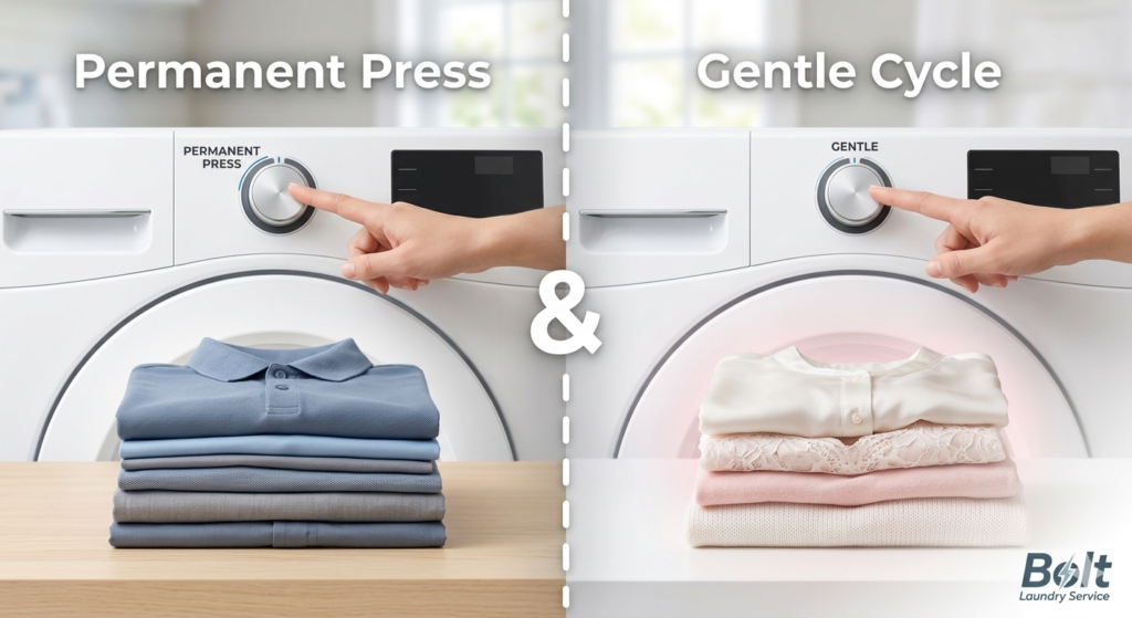 Visual comparison of permanent press and gentle cycle washing machine settings.